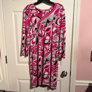 Michael Kors Long Sleeve Pink Dress with Geometric Silver and white Pattern